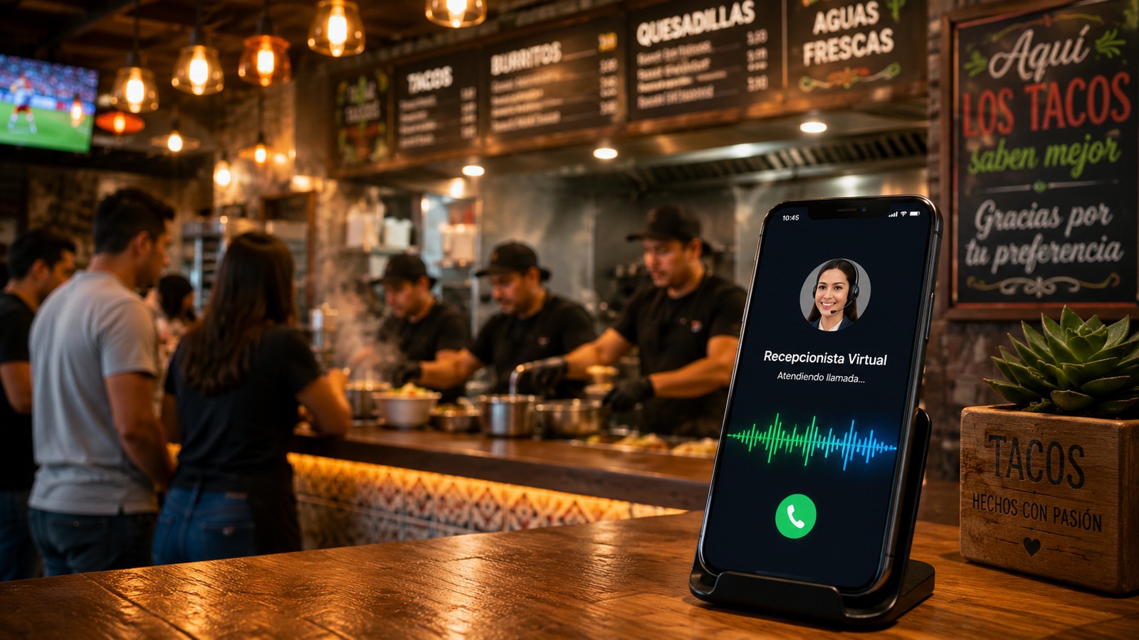 Recepcionista virtual contestando una llamada en el mostrador del restaurante